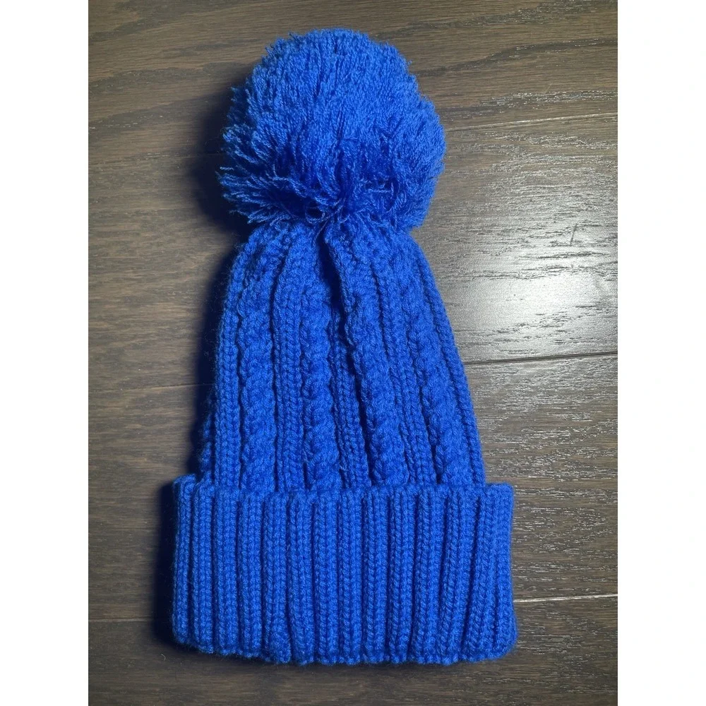 Zurich Beanie Bobble‎ Hat Blue Chunky Knit Made In Europe Wool Acrylic Blend